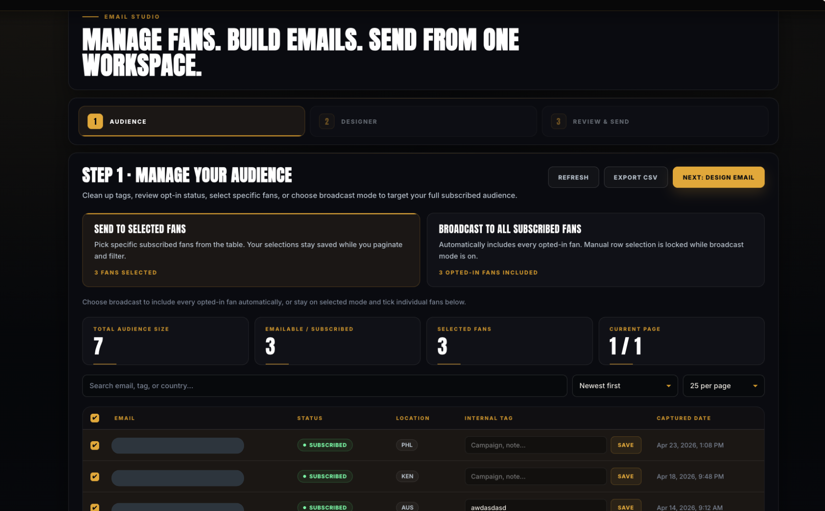 Email Studio audience management screen