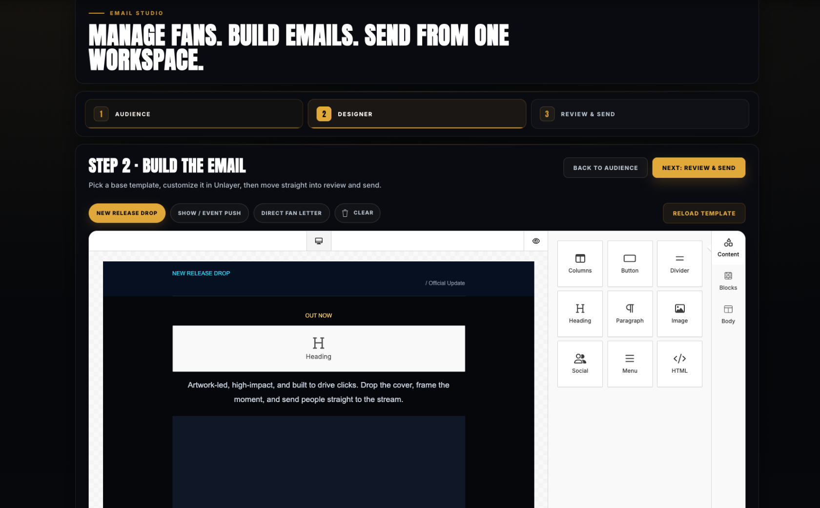 Email Studio email builder screen