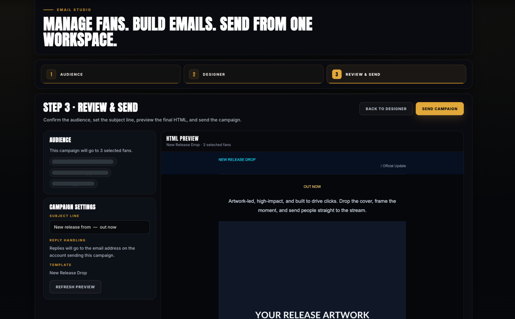 Email Studio review and send screen