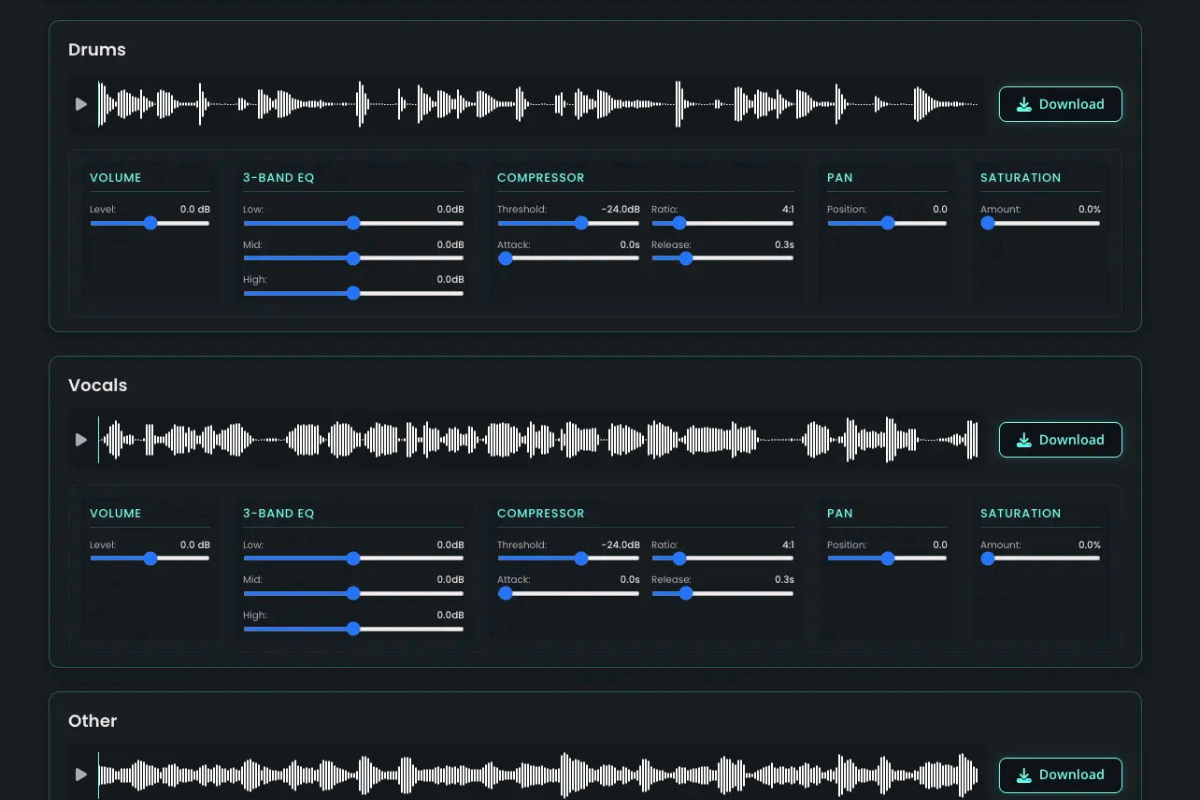 Creative Workspace showing EQ and Compressor controls for audio stems